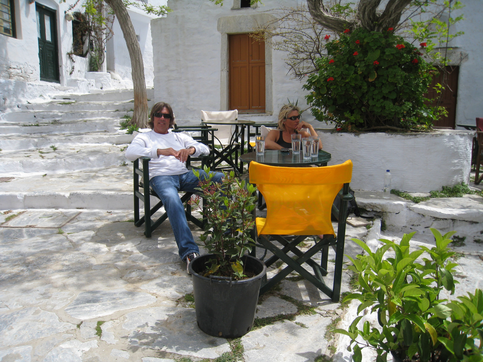 Russell relaxing at whitewashed village cafe