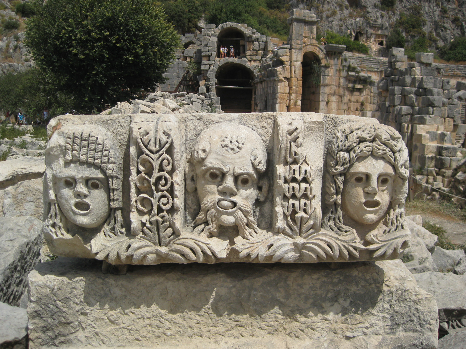 Carved theater masks at Myra, Turkey