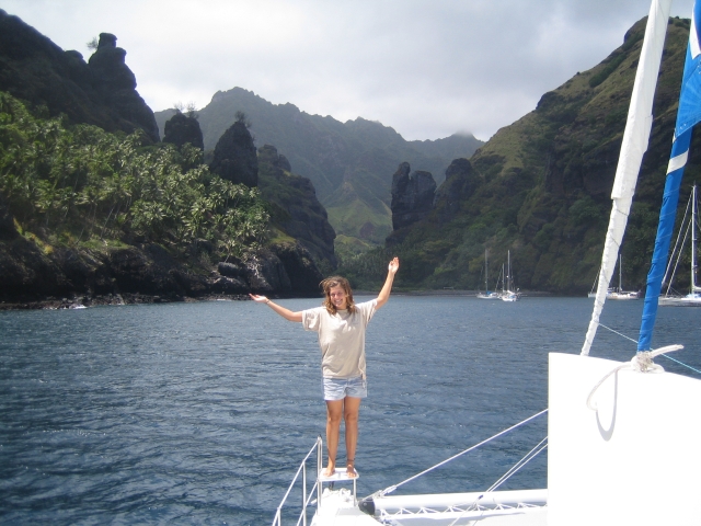 Amy on front of boat-Bay of Virgins, Fatu-Hiva