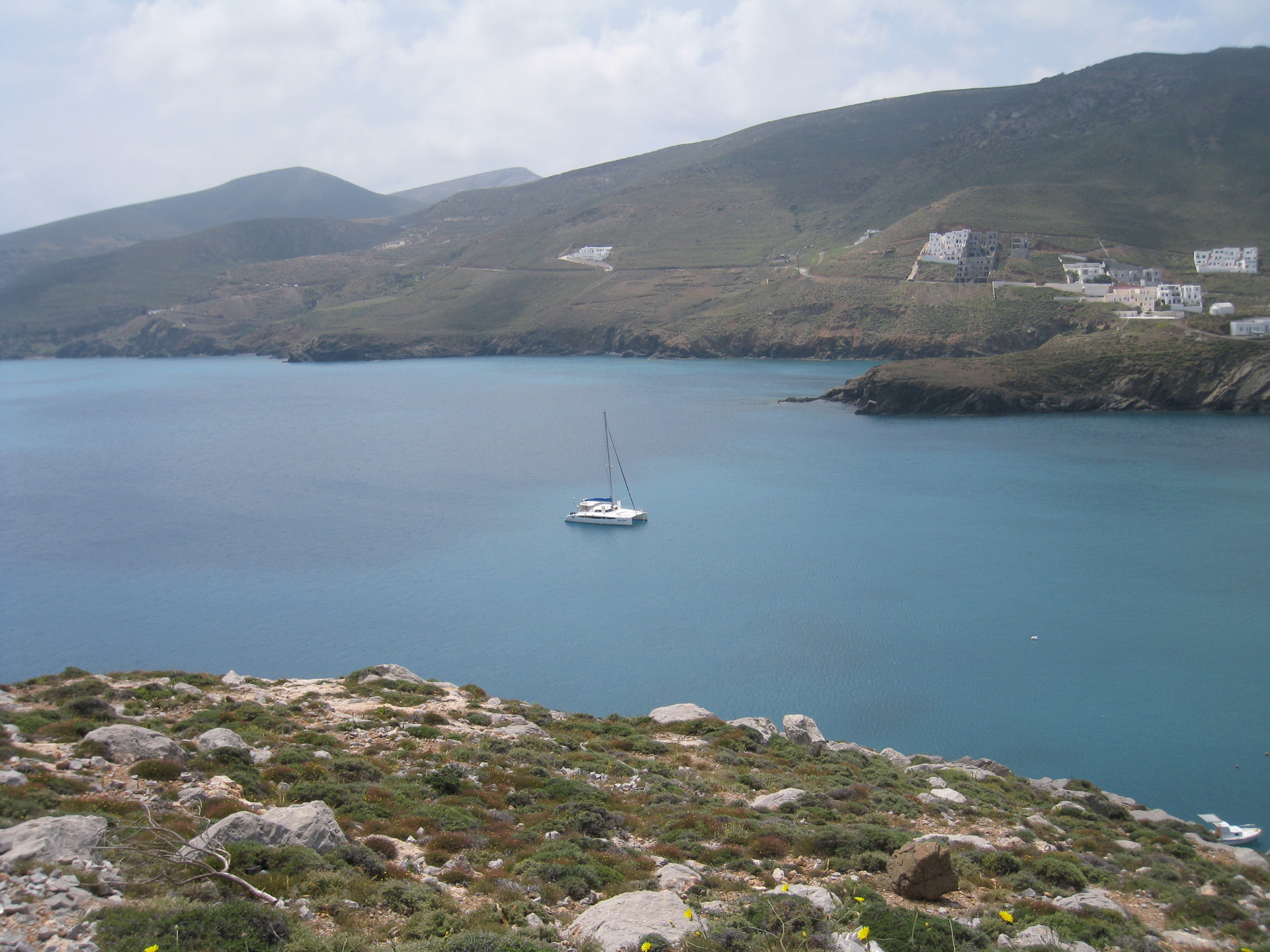 Free Spirit anchored in a quiet Greek bay